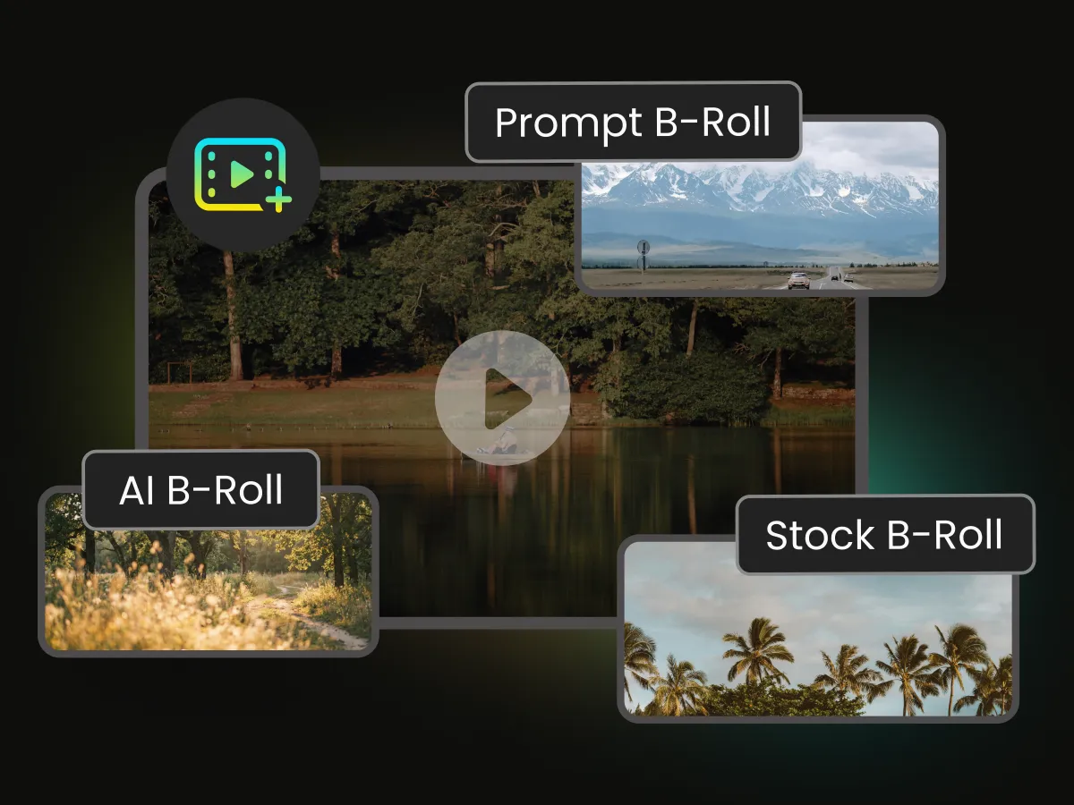 Ferramenta de IA inserindo automaticamente B-roll relevante com base no contexto da transcrição do vídeo